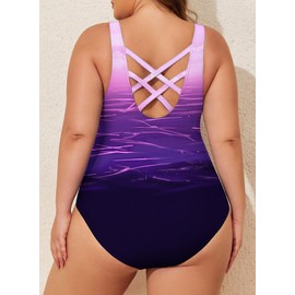 Eytino Plus Size One Piece Swimsuit for Women Back Crisscross Tummy Control Bathing Suits Swimwear,1X Purple