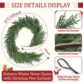 Tulvend 5FT Christmas Pine Garland - Real Touch Green Garland - Artificial Realistic Cedar Garlands for Mantel, Staircase, Tabletop - Indoor Outdoor Winter Christmas Decor