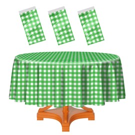 HEIPINIUYE 3 Pack Green and White Round Checkered Tablecloth 84 ×84 Green Plaid Table Cover Disposable Tablecloth for Round Tables Party Picnic Camping Birthday Checkered Round Plastic Table Cloth