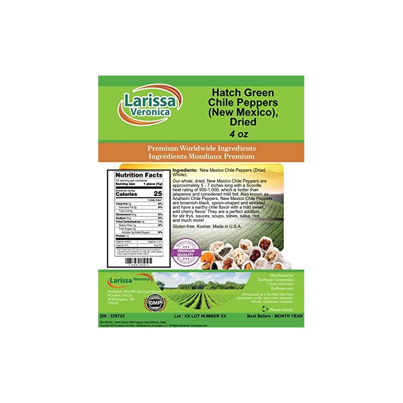 Hatch Green Chile Peppers (New Mexico), Dried (4 oz, ZIN: