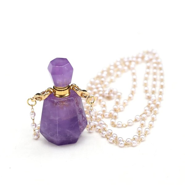 1pcs Natural Amethyst Stone Perfume Bottle Pendant Pearl Bead Chain Rectangle Heart StonHealinge Essential Oil Diffuser Necklace for Women Jewelry Essential Oil Diffuser