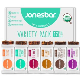 JONESBAR Organic Plant Based Protein Bars | 6 Flavor Variety Pack | Fruit & Nut Bar, Kosher, Gluten Free, Breakfast Bars, School Snacks, Vegan Snack & Healthy Snacks for Adults and Kids (Pack of 12)
