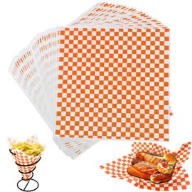 12x12 inch Checkered Dry Waxed Deli Paper,Food Basket Liner,Waxed Food Greaseproof Paper,100 Sheets Classic Checkered Wrapping Paper-Orange