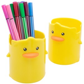 inheming 2 Pcs Pencil Holder for Kids, Cute Cartoon Little Yellow Duck Pen Holder, Multifunctional Phone Holder Makeup Brush Holder Stationery Storage Cup