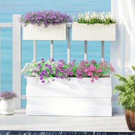 Outsunny Railing Planter Box (2 Pack, 20 Inch), Hanging Flower Pots with Hooks, Drainage Holes for Fence, Balcony, Garden, Patio, Rattan Look, White