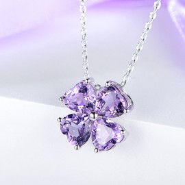 February Birthstone Natural Purple Amethyst Gemstone 925 Sterling Silver Pendant Necklace for Women Lucky Four leaf Clover Plant Shamrock Jewelry Valentine Mother Anniversary Christmas Day Gift