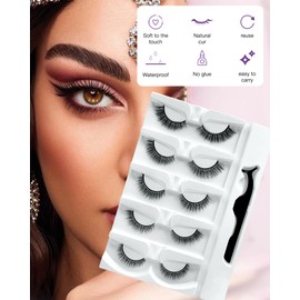5 Pairs Self Adhesive Eyelashes, Reusable, Natural Look, Five Styles False Eyelashes Kit, Self Sticking No Glue Lashes for Women, Long Eyelashes