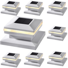 Dynaming 8 Pack Solar Post Lights, Outdoor Decorative Posts Cap Light, Solar Powered White Shell Caps, High Brightness Warm White SMD LED Lighting for Fence Deck Patio, Fit 4x4, 5x5 or 6x6 Wooden Post
