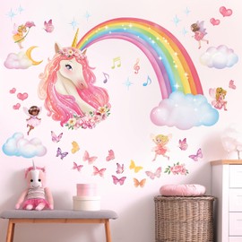 DECOWALL SG2-2321 Rainbow Wall Decals Unicorn Rainbow Butterflies Clouds Wall Stickers Baby Nursery Girls Bedroom Living Room Wall Décor