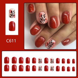 Square Press on Nails Short, Red Fall Fake Nails Square Shape Acrylic False Nails with Black Leaf Designs, Glossy Full Cover Artificial Nails Short Autumn Winter Stick on Nails for Women, 24 Pcs