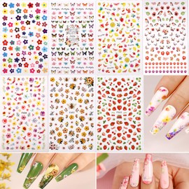 Teenitor 12 Sheets Nail Art Sticker 3D Self-Adhesive, Nail Art Decoration with 5 Boxes Holographic Glitter Flakes Butterfly Heart Star Maple Leaf Nail Sequins and Flower Slices