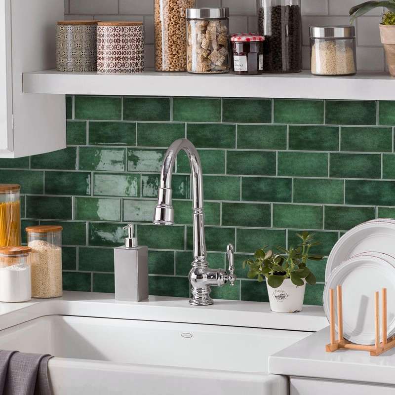 Subway Backsplash Tile Peel and Stick, Forest Green Self Adhesive