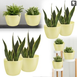 TULMERO Matte Flower Pot, Plastic Planter, Decorative Pot for Large and Small Plants, Set of 2 Flower Pot, Herb Pot, Yellow, Diameter 16 cm