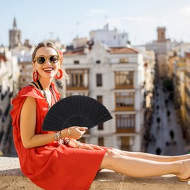 Grantop Folding Hand Fans, Handheld Folding Fan for Women, Chinese Vintage Style Handheld Silk Folding Fan for Birthday Wedding Party Decoration (Pure Black)