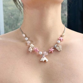 Summer Seashell Beach Pendant Necklace Pearl Starfish Butterfly Beaded Charm Chain Stylish Beautiful Ocean Jewelry Fossil Choker for Women Beach Surf Jewelry Tropical Party Decorations
