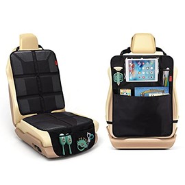 Car Seat Protector with Thick Padding + Backseat Car Organizer, XL Car Seat Cover for Child Baby Carseat, Waterproof & Durable 600D Fabric, Kick Mat Back Seat w/ Storage Pockets