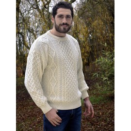 Aran Crafts Irish Soft Cable Knitted Wool Crew Neck Unisex Sweater (C1347-XL-ECR) Ecru
