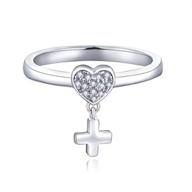 Starnny Cross Heart Rings Women's Sterling Silver 925 3A Cubic Zirconia Engagement Ring for Women, Sterling Silver