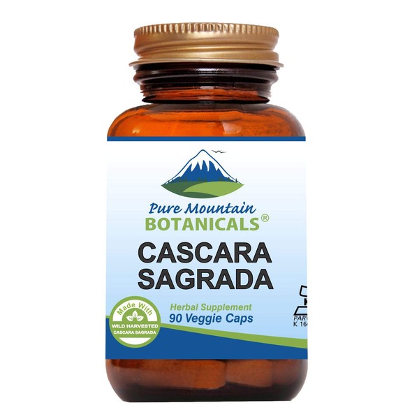 Pure Mountain Botanicals Cascara Sagrada Capsules - 90 Vegan Kosher Caps Now with 400mg of Wild Harvest Cascara Sagrada Aged Bark