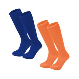 Kids Soccer Socks Striped Cotton Atheletic Softball Baseball Socks Toddler Youth Knee High Socks for Boys Girls Orange & Royal Blue 9-12 Years