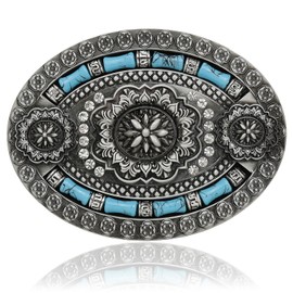 Yjfeshion Concho Vintage Floral Decorative Belt Buckle Native American Vintage Turquoise String of Beads Western Cowboy Buckles for Men Women Gift Vintage Silver
