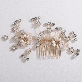 Lenjicons Bridal Rhinestone Pearls Hair Comb Golden Wedding Hair Accessories Bridal Hair Comb with Pearls Flower Crystal Wedding Headpiece Wedding Headband for Women