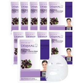 DERMAL Korea - 10 Mascarillas faciales: Acai Berry Essence Mask | Paquete de 10 Mascaras Coreanas Coreanas con Colágeno y Extracto de Açaí. Hidratación y Rejuvenecimiento