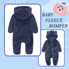 CHAOJIESI Unisex Baby Fleece Snowsuits 0-12 Months Toddlers Cute Bear Jumpsuits Winter Hooded Rompers with Zipper Navy 3-6M
