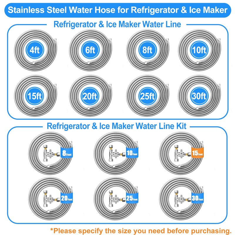 Refrigerator Water Line Kit - 15FT Stainless Steel Braided Ice