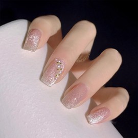 Short Square Press on Nails Nude Glitter Fake Nails Shiny Bling Acrylic False Nails with Design Pearl Rhinestone Glue on Nails Artificial Nails Stick on Nails for Women Girls 24Pcs
