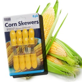 Yellow Corn Holders - 8 Skewers - Stainless Steel - Sweetcorn Grill Food Prongs - Kitchen BBQ