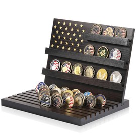Threehoney 1 Pcs Challenge Coin Display Stands 11 Rows Military Coin Holder Wooden Rack Holds 80 Coins Collectible Case with Removable Board Rows Display American Flag