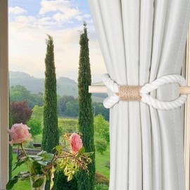 OCIOLI 4 Pieces Boho Curtain Tiebacks Curtain Holdbacks Handmade Curtain Tie Backs with Wood Club Cotton Rope Tie Backs Curtain Pull Backs Curtain Ties for Drapes (Beige Cotton Rope, 4)