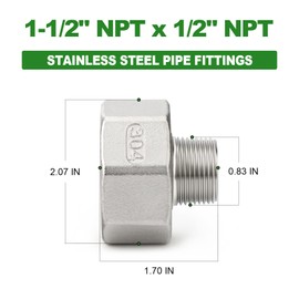 TAISHER 2PCS 304 Stainless Steel Pipe Fitting, Reducer Adapter, 1/2" NPT Male x 1-1/2" NPT Female