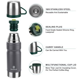 Thermo Flask With Cup 680ml/23oz Vacuum Insulated for Hot and Cold Drinks, Coffee Stainless Steel Bottle for Adult, Gym, Outdoor (Dark Gray, Set)