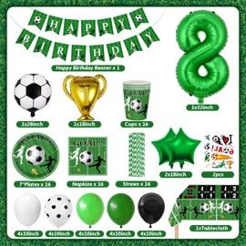 WINAROI Football Decoration Birthday 8 Years Children, Football Birthday Party Tableware Set, Football Decoration Birthday Decoration 8 Boys, Football Balloons Paper Plates Tablecloth for Party