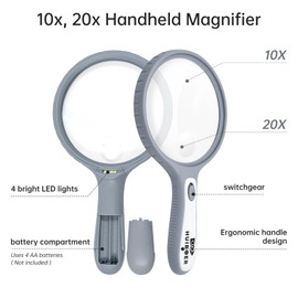HUIBOER Magnifying Glass Set with Light HD Handheld Magnifiers for Seniors 10X and 20X Magnifying Lenses with 4 Super Bright LED Lights - Convenient HD and Brighter Power Saving Magnifier