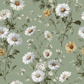 Livebor Floral Peel and Stick Wallpaper Daisy Floral Contact Paper 16.9in x118.1in Green Flower Wallpaper Peel and Stick Modern Flower Self Adhesive Removable Wall Paper for Bedroom Decorative Vinyl