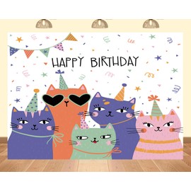 PEKRU 7x5ft Fabric Cat Birthday Backdrops Cartoon Cat Theme Birthday Party Photo Background for Boys Girls Birthday Party Pet Photography Props