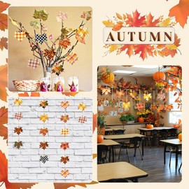 12Pcs Maple Leaf Thanksgiving Decor Rustic Patterns Plaid Fall Leaves Hanging Ornaments with Hemp Rope Maple Leaves Tree Hanging Decorations Autumn Outdoor Decor for Wall Home Door Thanksgiving Party