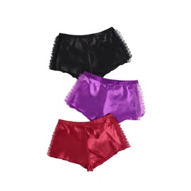 MakeMeChic Women's 3 Pack Satin Panties Silk Lace Split Underwear Multicolor S