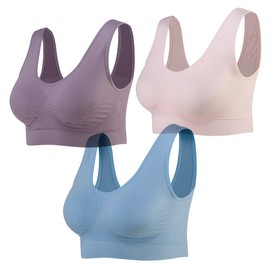 Lemef 3-Pack Seamless Sports Bra Wirefree Yoga Bra with Removable Pads for Women, Pink&blue&purple, XL