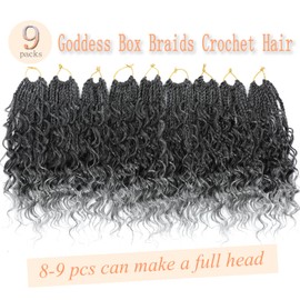 9 Packs Goddess Box Braids Crochet Hair 10 Inch Pre Looped Boho Crochet Braids With Curly Ends Synthetic Boho Box Braids Crochet Hair Grey For Women (10 Inch, Tgrey)
