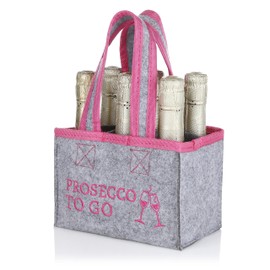 FunX Bottle Bag Prosecco to Go - Felt Bag for 6 Bottles - Grey with Carry Straps and Print - Versatile - 19 x 12 x 14 cm, Grey/pink, Drinks bag with tag