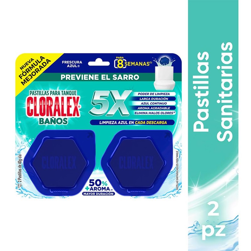 Cloralex Pastillas de baño p/tanque Fresc. Azul 2pz 80Gr