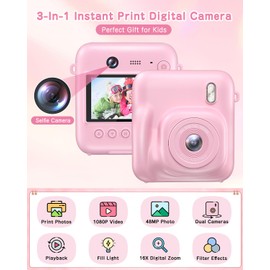 Kids Camera Instant Print, 48MP Selfie Digital Camera for Kids Christmas Birthday Gifts, 1080P Instant Print Cameras with Print Paper, 32GB Card, Toddle Toy for 4 5 6 7 8 9 Year Old Boys Girls-Pink