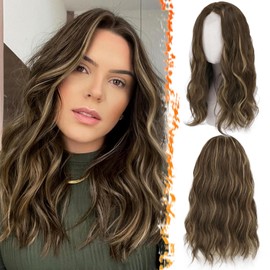 BARSDAR Wavy Brown Highlight Wig, 45 cm Medium Length Wig for Women, Middle Parting, Natural Hair, Heat Resistant, Synthetic Shoulder Length, Curly Balayage Wig - Brown Highlight