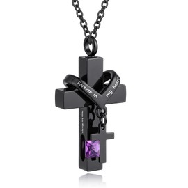 Cross Urn Necklace For Ashes Of Loved Ones With Birthstone - Forever in my heart - With Me Always Cremation Jewelry Keepsake Pendant Women Men