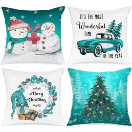 Lanpn Christmas Throw Pillow Covers 20x20 Set of 4, Merry Christmas Xmas Winter Snowman Decorative Holiday Cushion Teal Pillow Cases 20 x 20 for Outdoor Indoor Farmhouse Home House Room Couch Decor