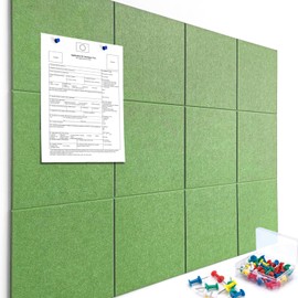 Large Cork Board Alternative, 12 Pack Felt Wall Tiles with Pushpins, Green Bulletin Board for Push Pins & Sticky Tabs, 48" x 36" Cork Board for Walls Office & Home
